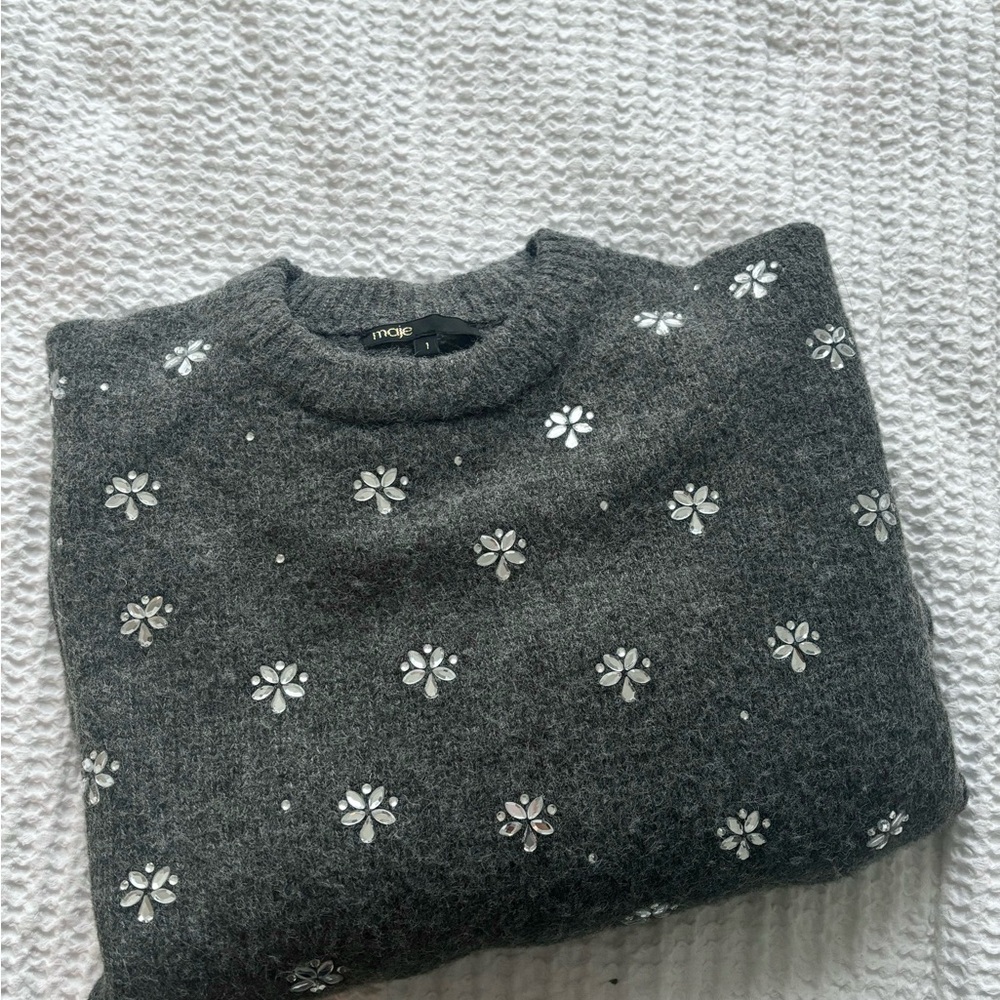 Maje Crystal Rhinestone Knit Sweater